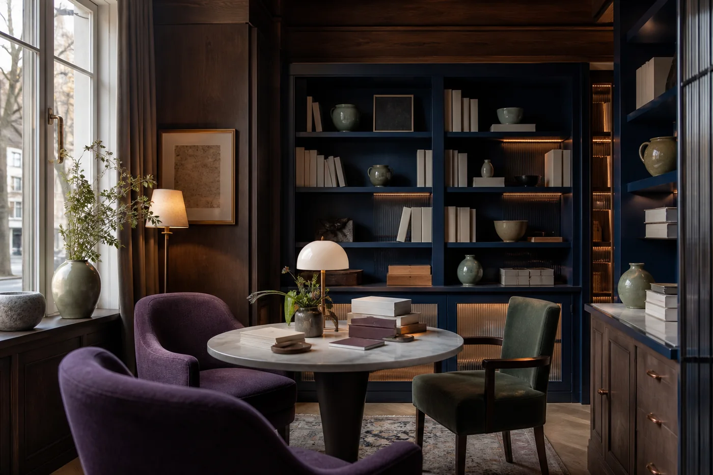 Rustige conciergebibliotheek met houten kasten, blauwe vakken en een gesprekstafel