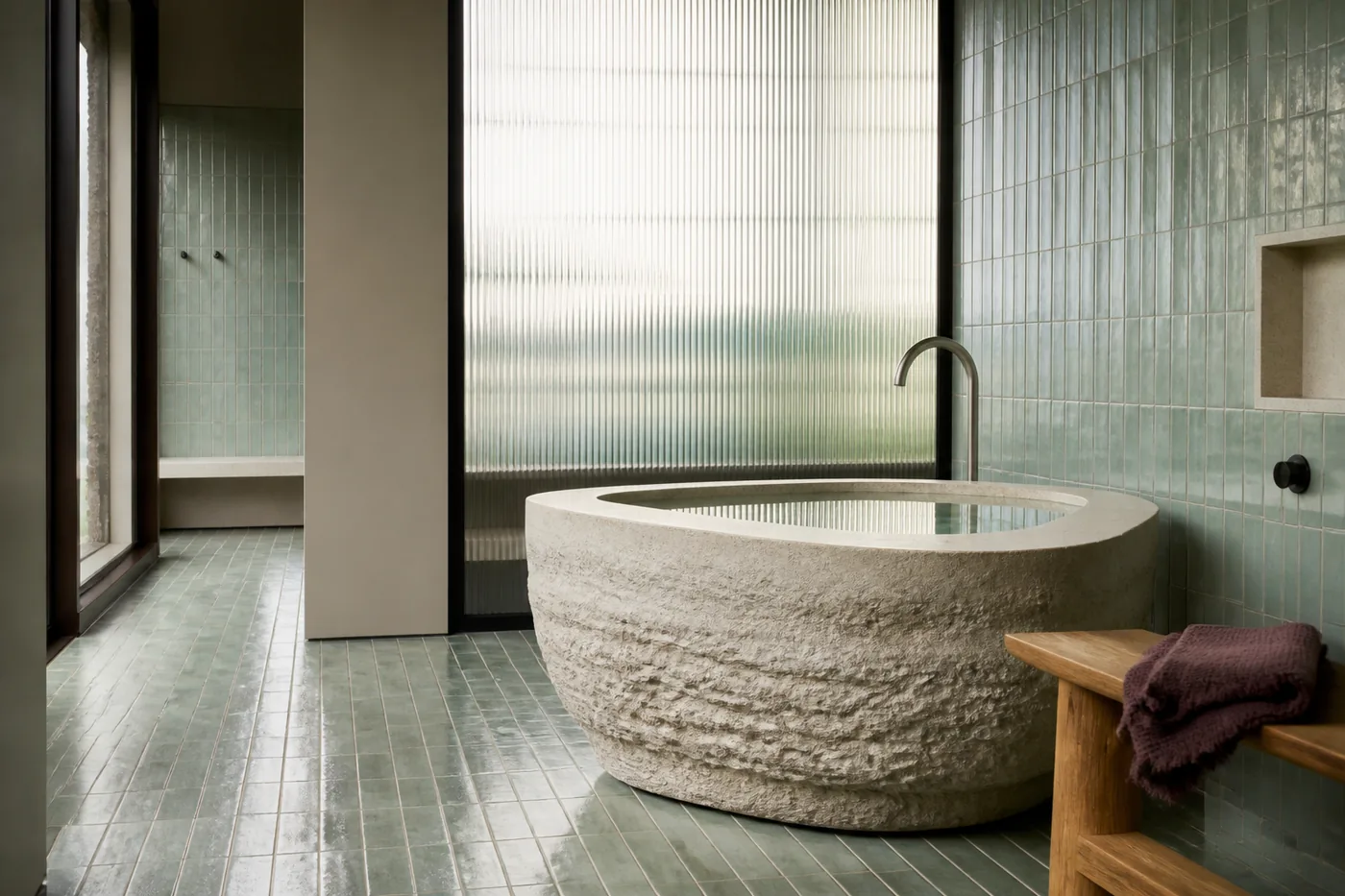 Hotelbadkamer met stenen bad, groene glazuurtegels en geribbeld glas